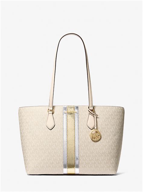 michael kors logo signature large vanilla totes|Sheila Large Signature Logo and Metallic Tote Bag.